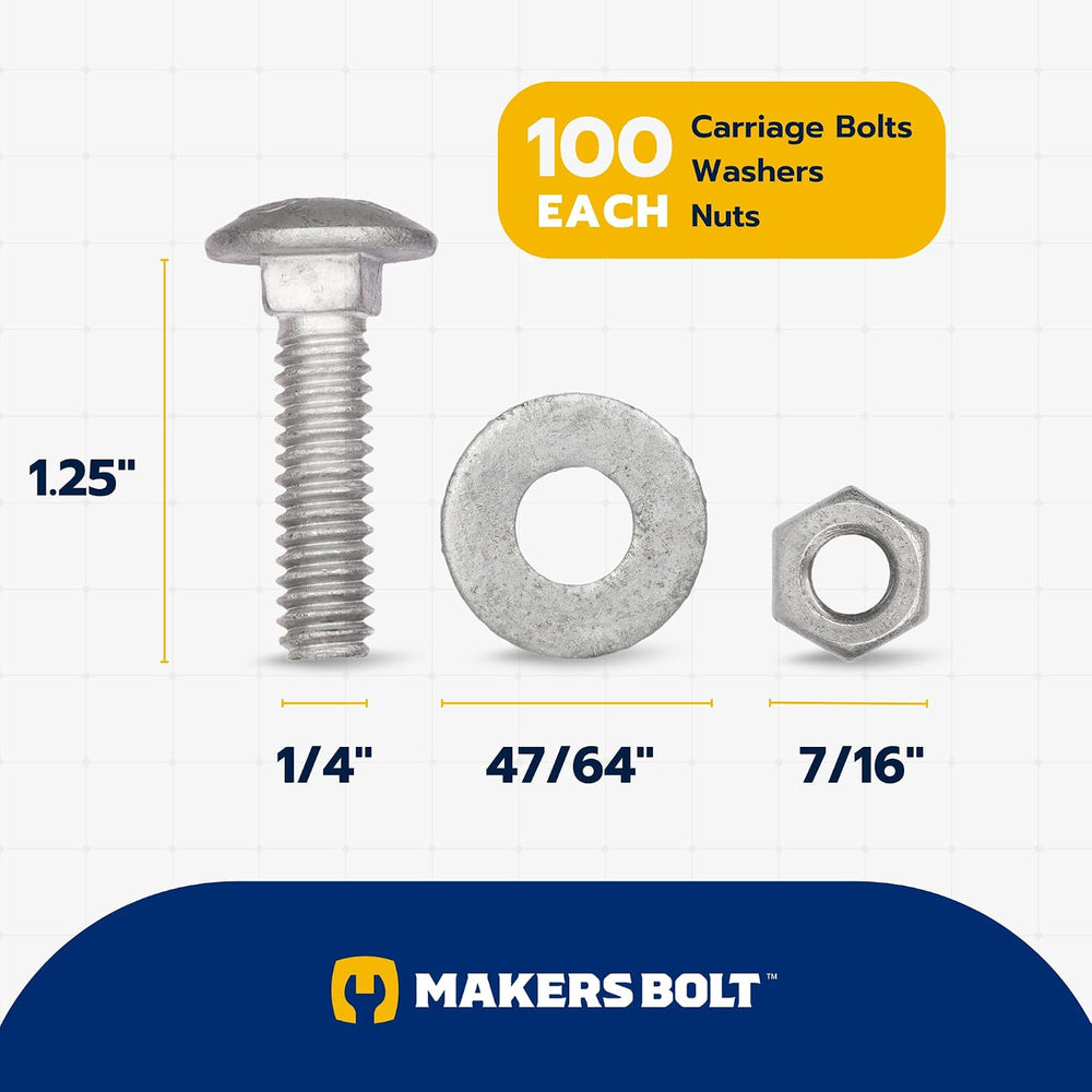 1/4" x 1-1/4" (100 Pack) Galvanized Carriage Bolt Kit Grade 307A In...