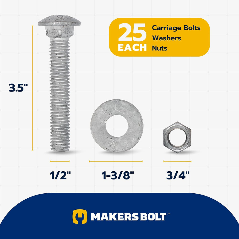 1/2" x 3.5" (25 Pack) Galvanized Carriage Bolt Kit Grade 307A Inclu...
