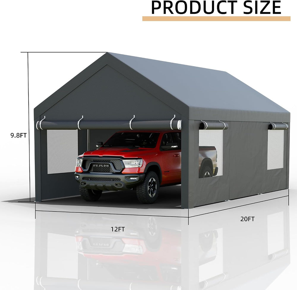 JY QAQA Carport, 12x20 FT Heavy Duty Carport with Roll-Up Window and Sandbags...