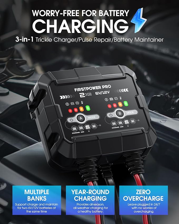 2-Bank, 4A Trickle Charger for Car Battery, 12V 6V Car Battery Charger