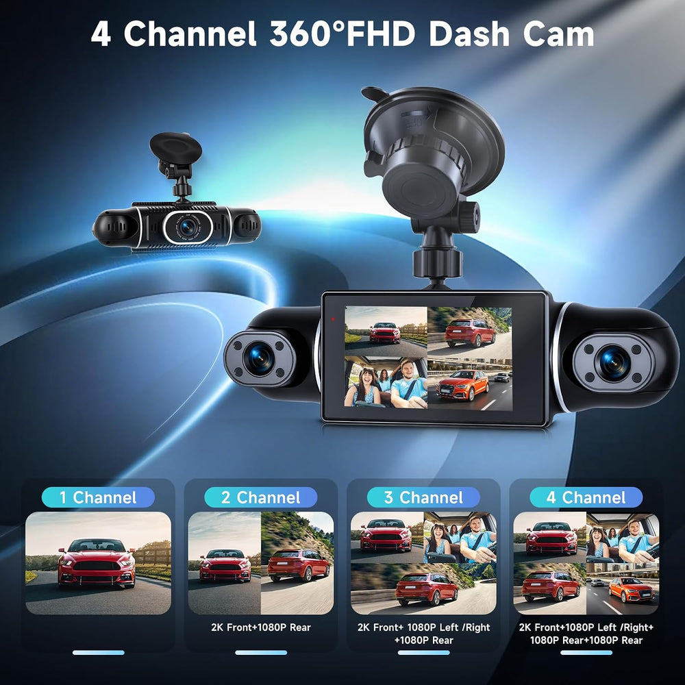 4 Channel Dash Cam with Front Rear Left Right Cameras, 360° Car Camera System...