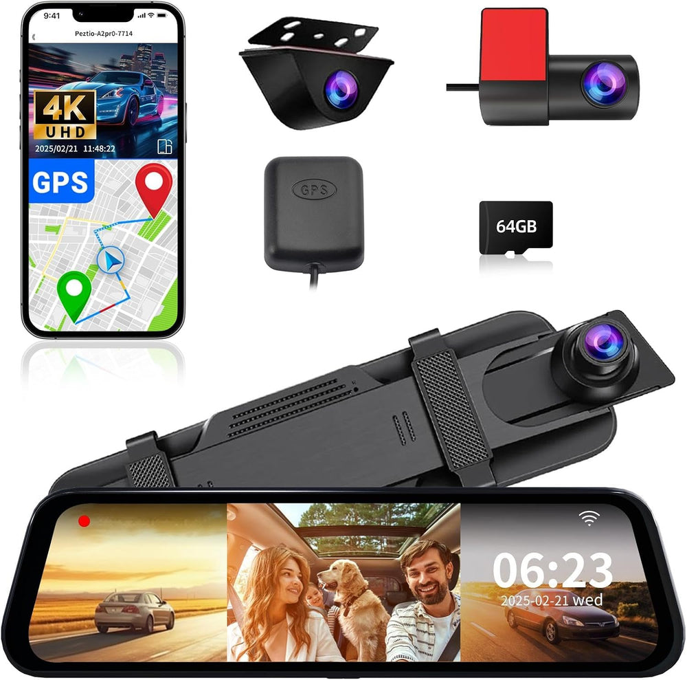3 Channel 4K Rearview Mirror Dash Cam for Cars, GPS with WiFi APP Control