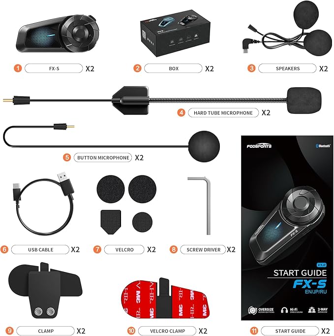 Fodsports FX-S Motorcycle Bluetooth Headset V5.4, 2-Way Helmet Intercom (2 Pack)