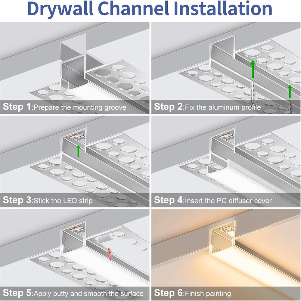 Plaster-in LED Channel, 6 Pack 3.3FT/1M Recessed Aluminum LED Profile with Mi...