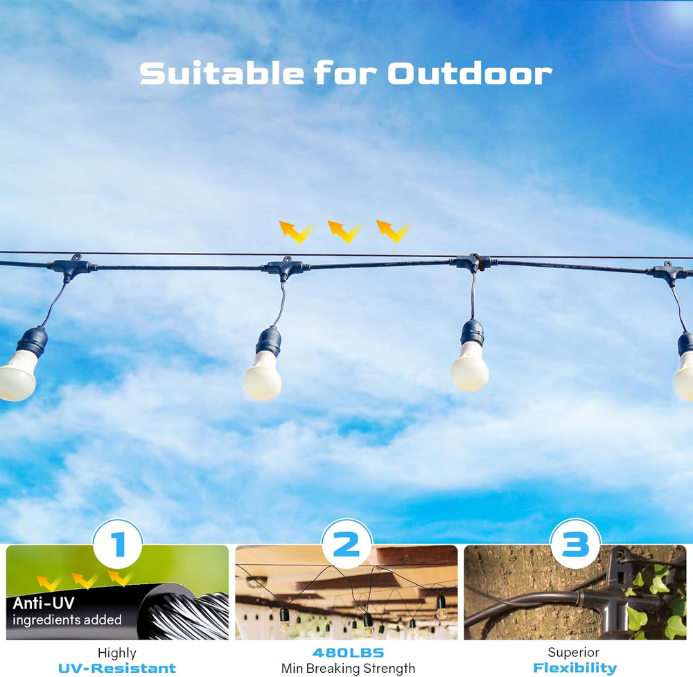 NEREUS String Light Hanging Kit with 164FT Black Vinyl Coated Wire Rope