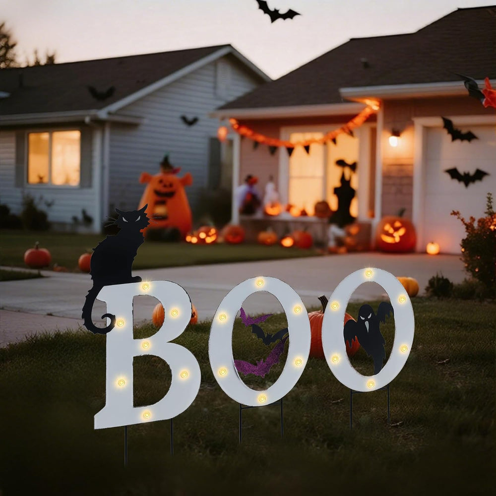 Prsildan 3 Pack Halloween Decorations Outdoor Solar Lighted Boo Yard Sign