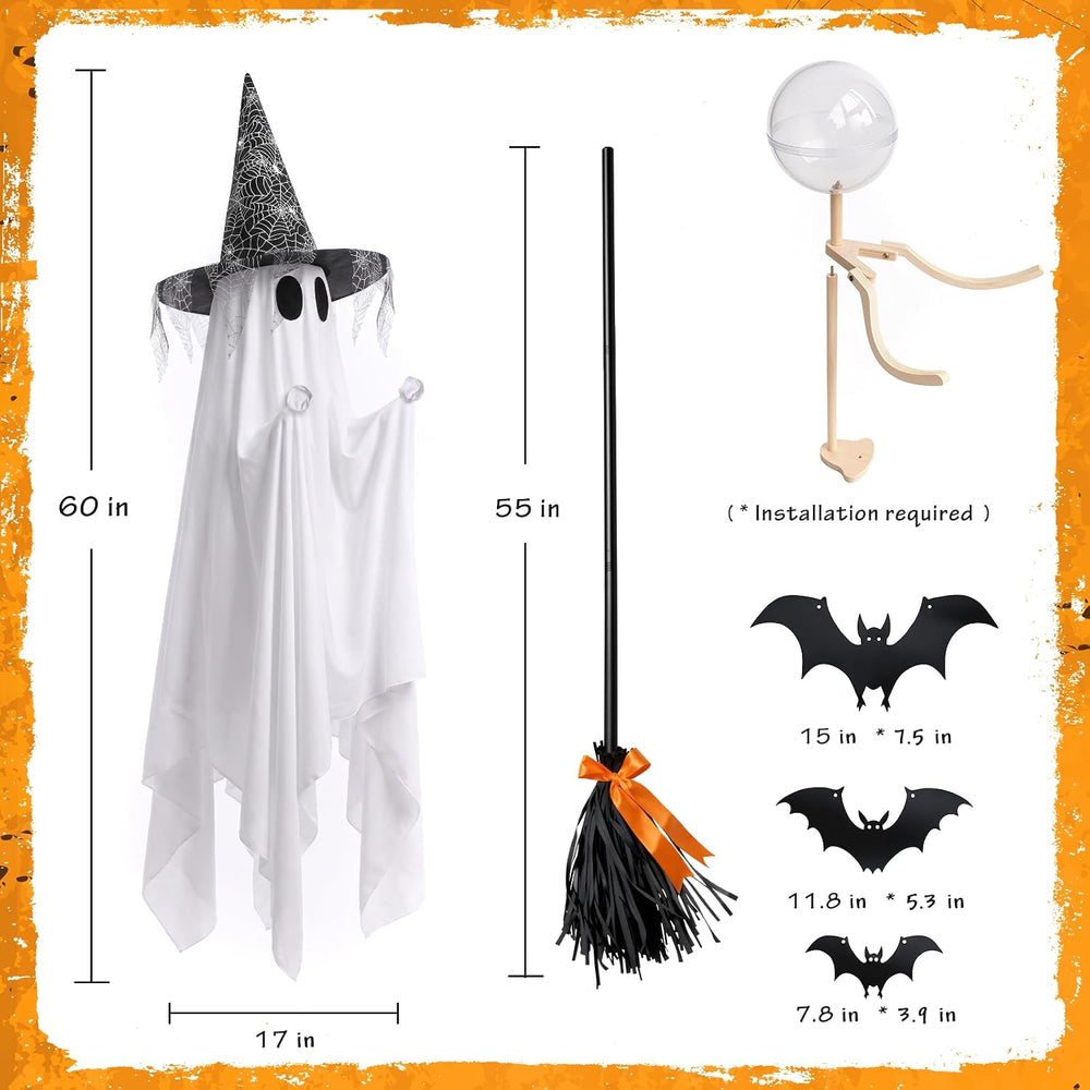Halloween Ghost Decor, 60 inch, with Witch Hat and Broom, 8 Lighting Modes