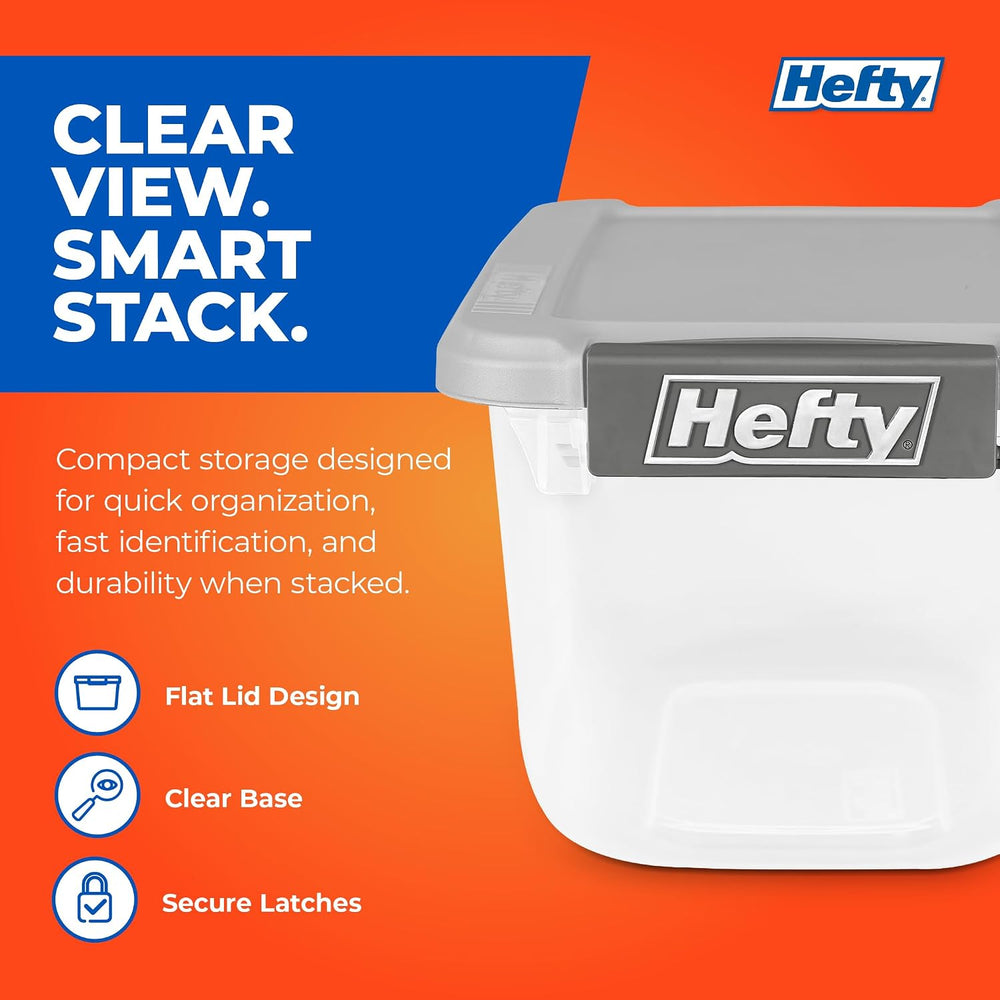 Hefty 6.5 Qt Flat-Lid Storage Bin with Lid, Stackable Plastic Storage Contain...