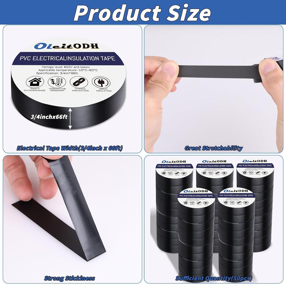 Black Electrical Tape Bulk 50 Pack 3/4 Inch x 66FT Vinyl Tape
