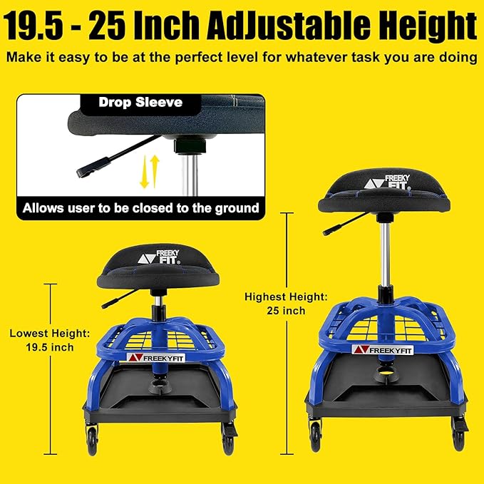 Rolling Shop Stool with Wheels, Garage Work Mechanic Stool with Backrest