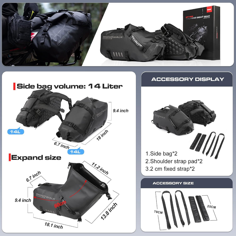 Rhinowalk Motorcycle Saddlebags 28L(14L*2) Waterproof Motorbike Side Bags, Tr...