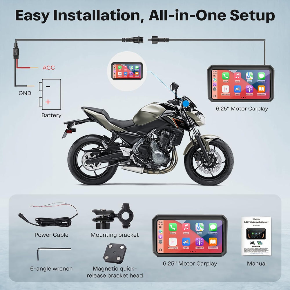 WonVon 6.25 Inch Wireless Motorcycle Carplay GPS Navigation System with Apple...