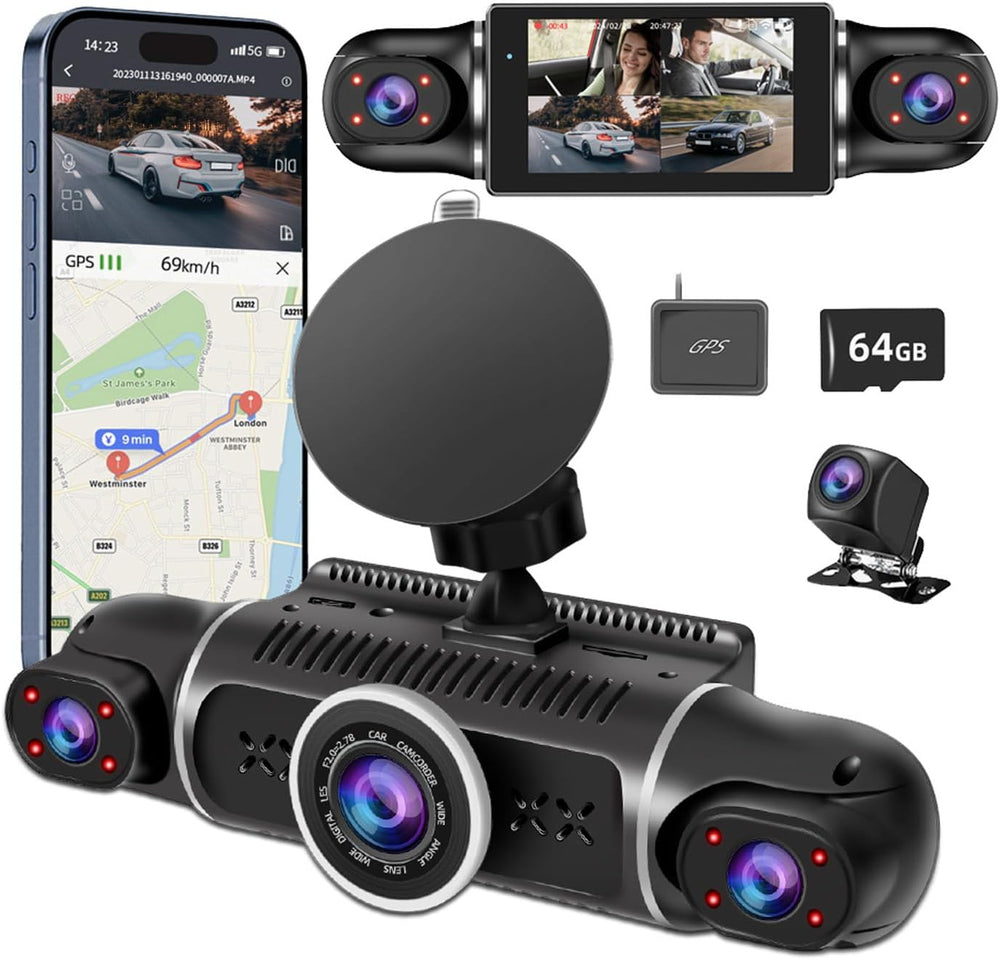 360° Dash Cam Front and Rear View 4 Channel Dash Camera FHD 2K+1080Px3 for Ca...