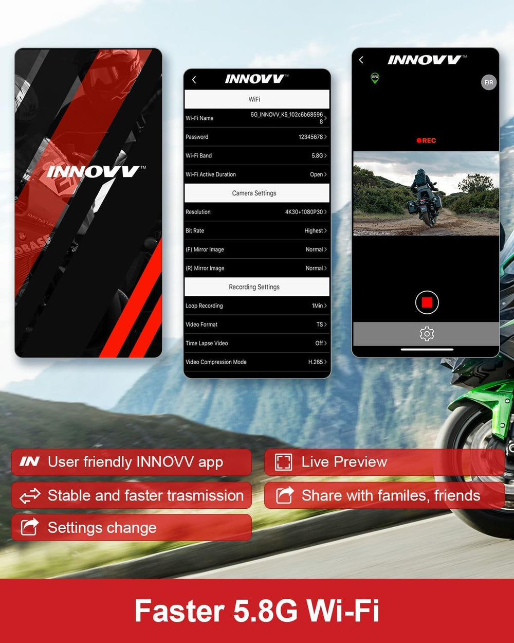 INNOVV K7 Motorcycle Dash Cam, 2K + 2K Front and Rear Camera with EIS Anti-Sh...