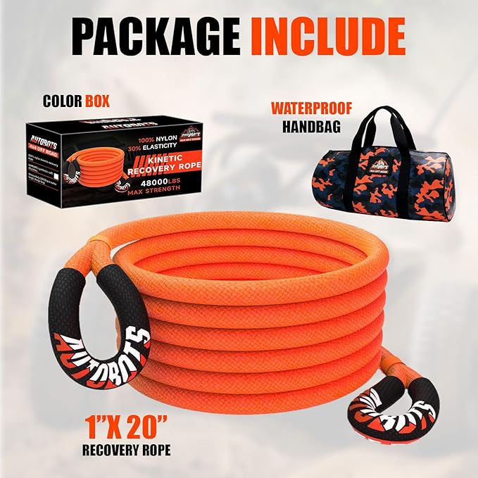 AUTOBOTS 1" x 20'Kinetic Recovery Rope，Heavy Duty Tow Rope Tow Strap