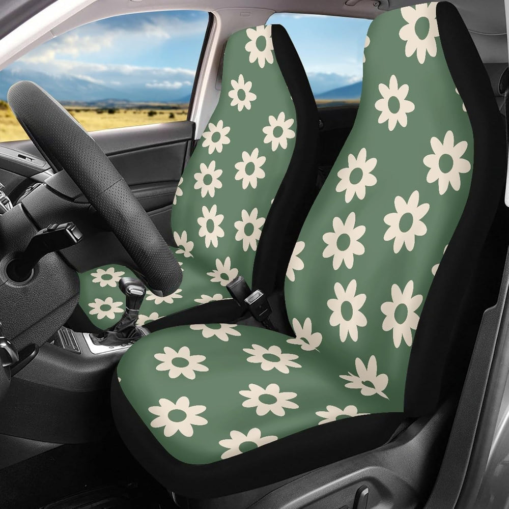 Green Groovy Flower Auto Seat Cover Set 2 Pack,Hippie Floral Car Front Seat C...
