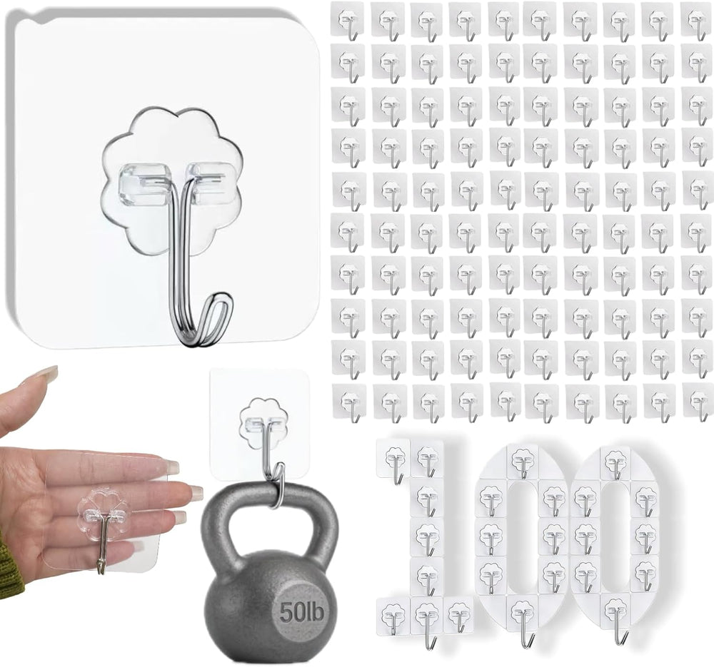 DDMY 100 Pack Heavy Duty Self Adhesive Hooks 50 lbs Transparent Reusable Stic...