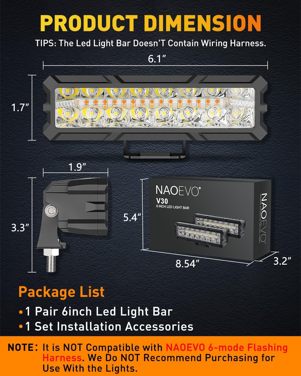 NAOEVO 6 Inch White Amber LED Light Bar, 50W 4000LM LED Fog Lights, 3-Mode