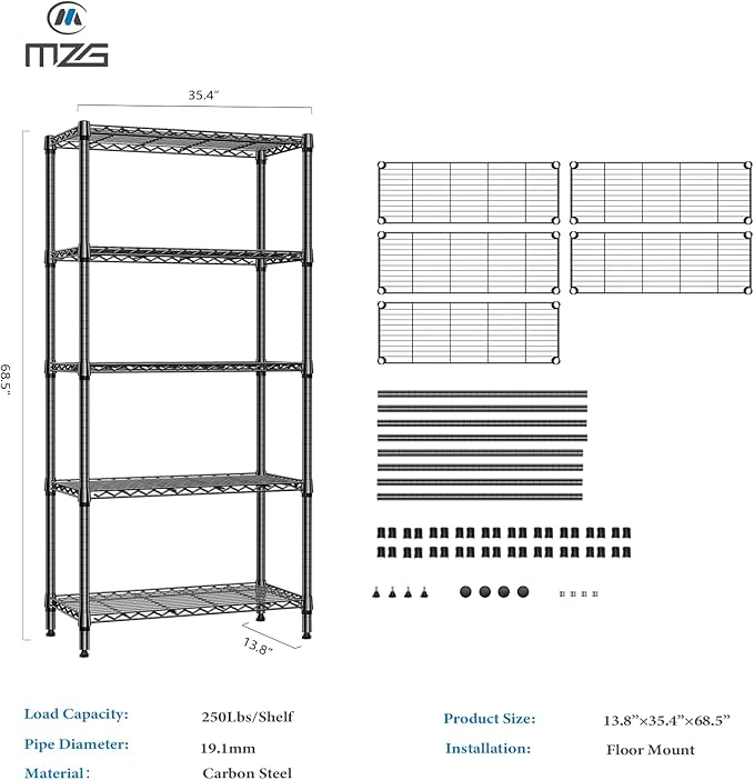 1250 lbs 5 Tier Shelf Metal Storage Shelves Shelving Wire Rack Heavy Duty