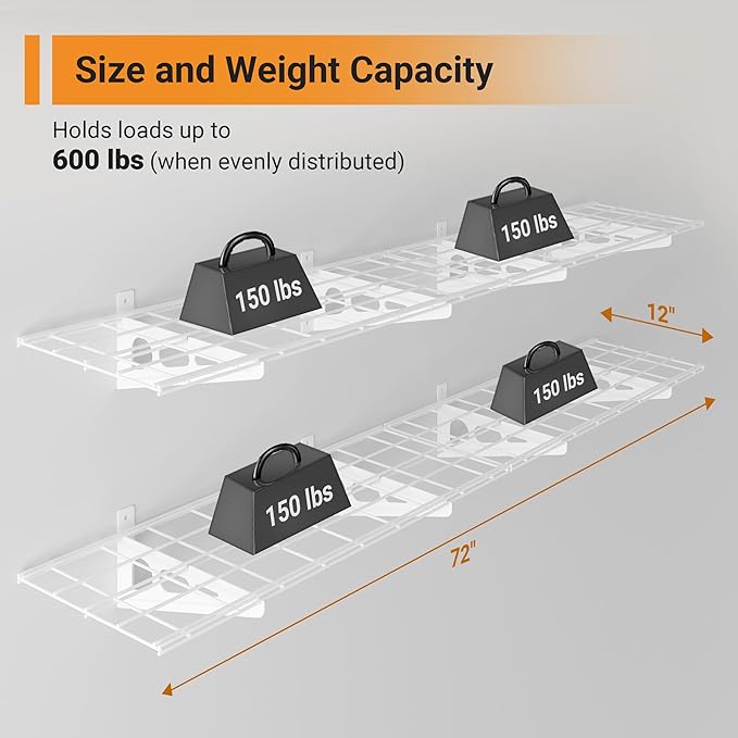 1x6 ft Garage Shelving, Pantry Storage, 600 lbs Total Load Capacity Wall (2-P...