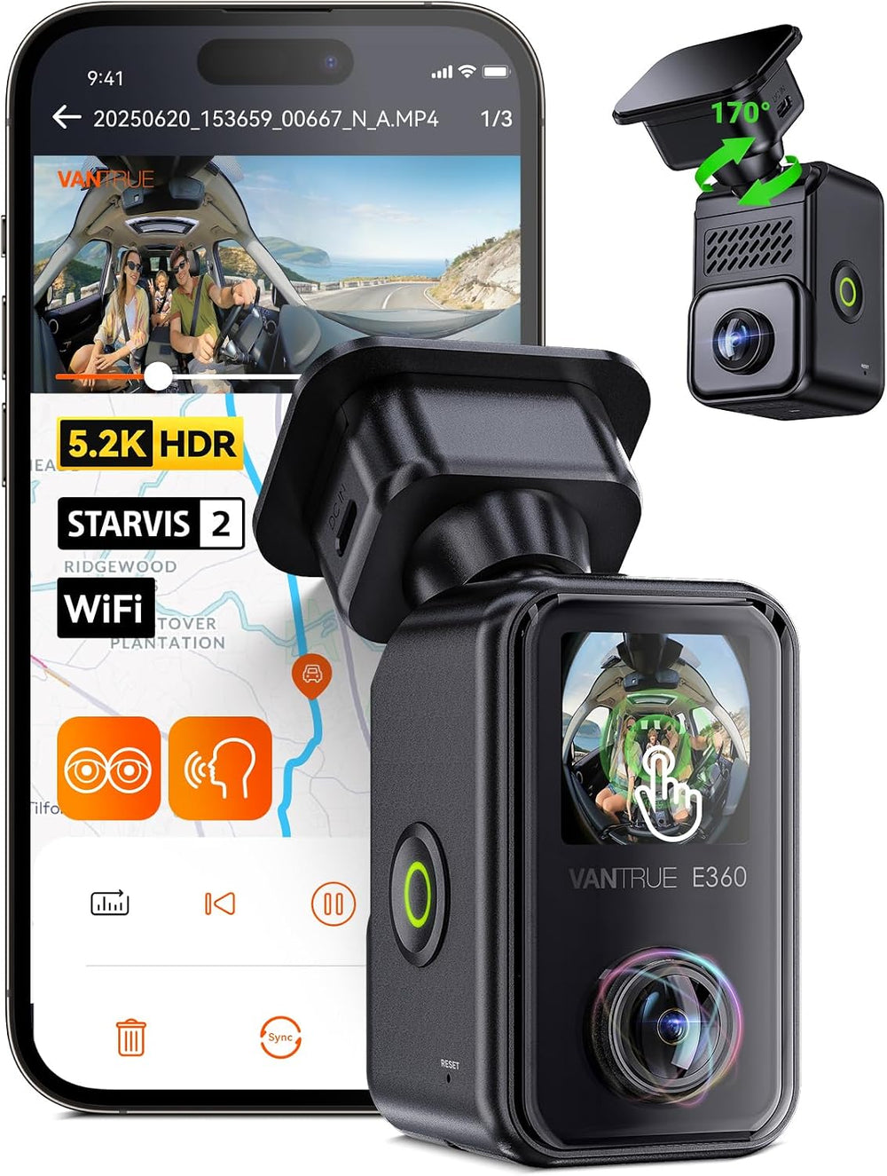 Vantrue E360 Panoramic 2 Channel Fisheye Dash Cam