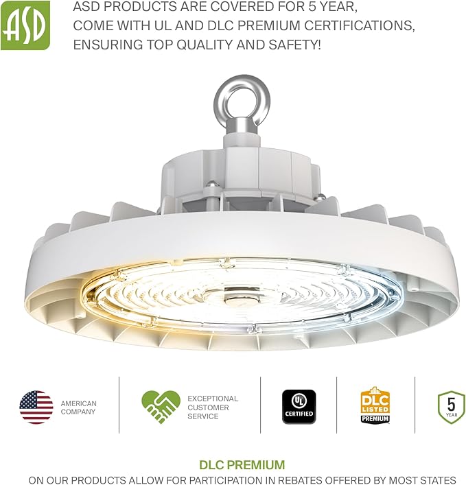 ASD LED High Bay UFO Light Fixture, Commercial Shop Lighting | 3CCT, IP69K