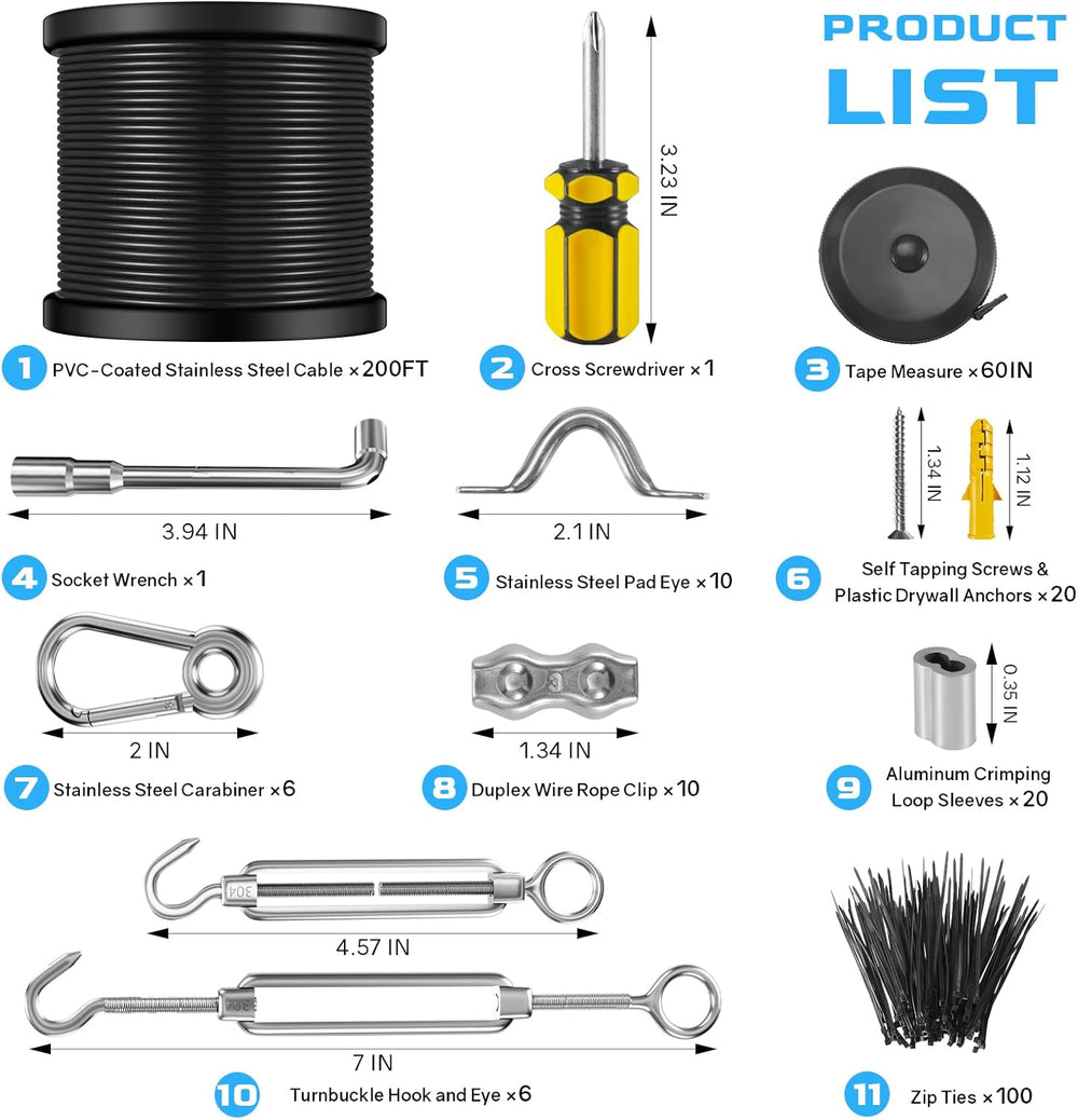 NEREUS String Light Hanging Kit with 200FT Black Vinyl Coated Wire Rope