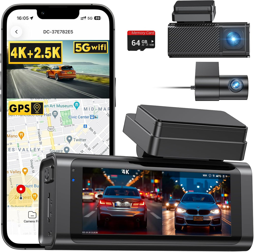 4K+2.5K Dash Cam Front and Rear, Built-in GPS, 5.8G WiFi, Free 64GB Card Incl...