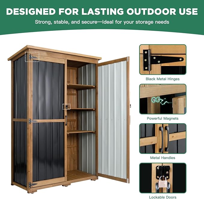 Outdoor Storage Cabinet Wood & Metal, Storage Shed Waterproof Double Lock