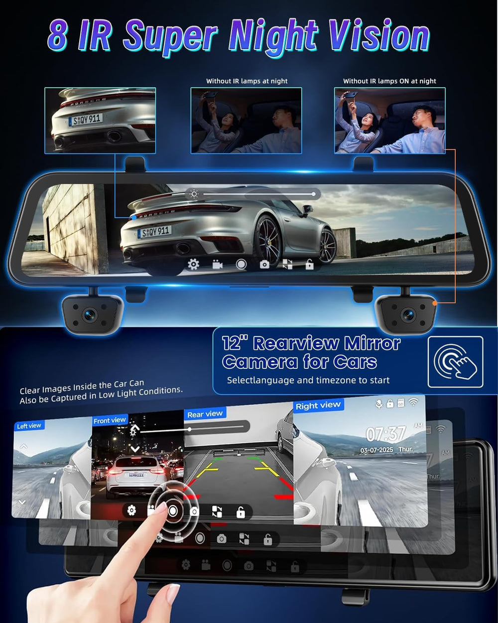 12'' Rearview Mirror Camera for Cars, NHOPEEW 360 Degree View 4 Chann...