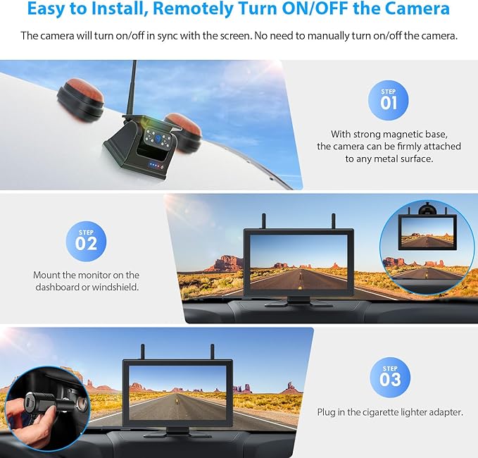 3 Magnetic Solar Wireless Backup Camera HD1080P Loop Recording 10.1 Inch