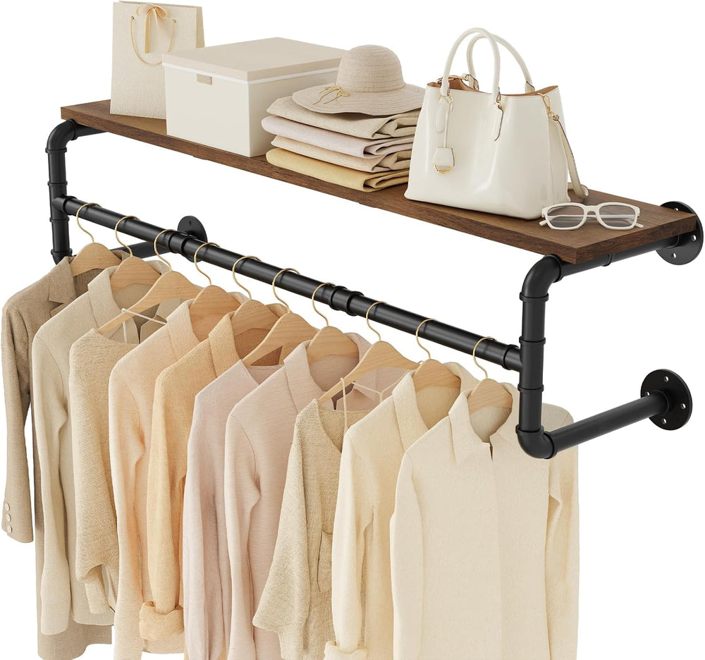 Yawinhe Industrial Pipe Clothing Rack with Shelves,Closet Rod,Rustic Brown