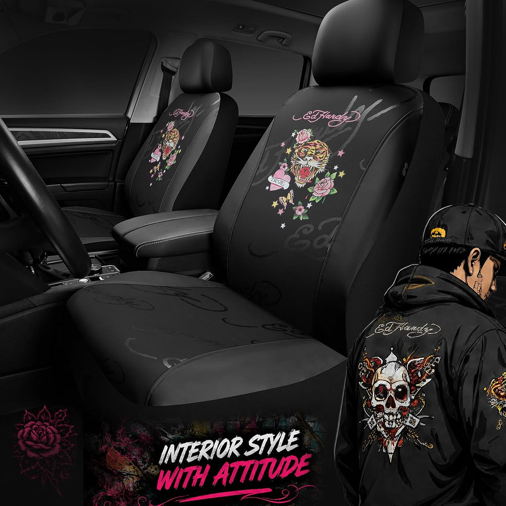 ED HARDY Tiger Print Car Seat Covers, Black Premium Leather Front Seat Covers...