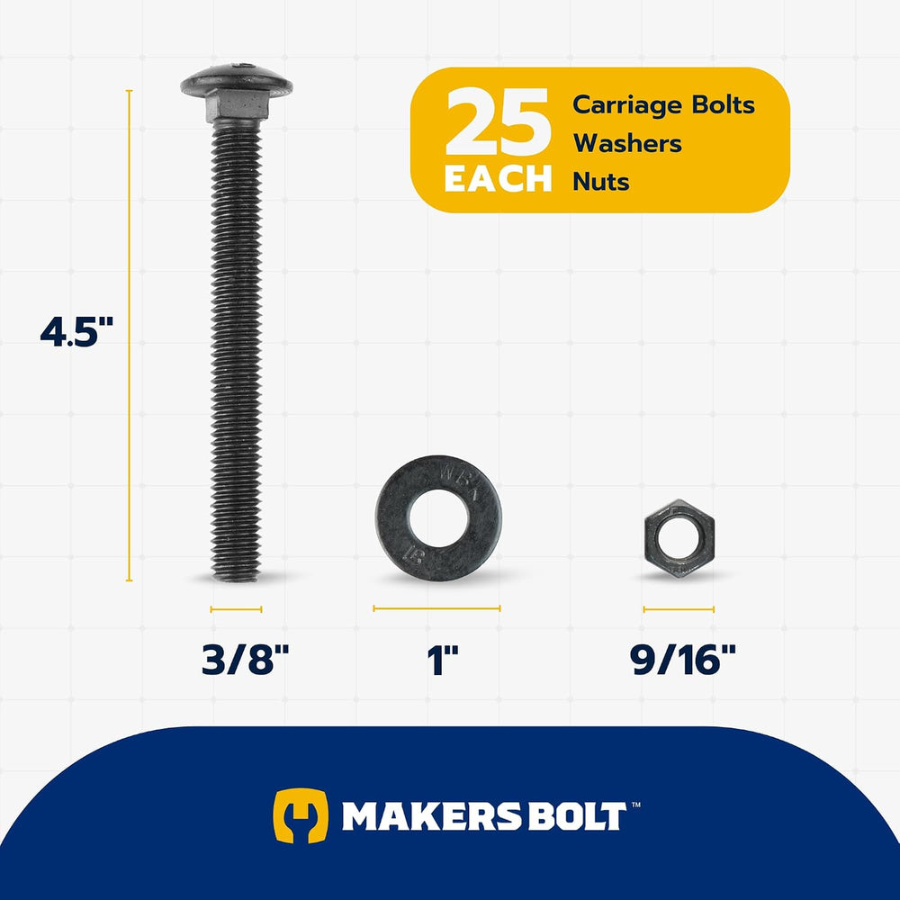 3/8" x 4-1/2" (25 Pack) Black Carriage Bolt Kit, Grade 307A, Cerami...