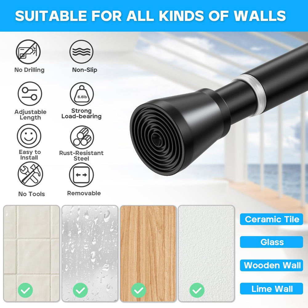 Black Spring Tension Curtain Rods 28 to 48 Inch, Adjustable Curtain Rods No D...