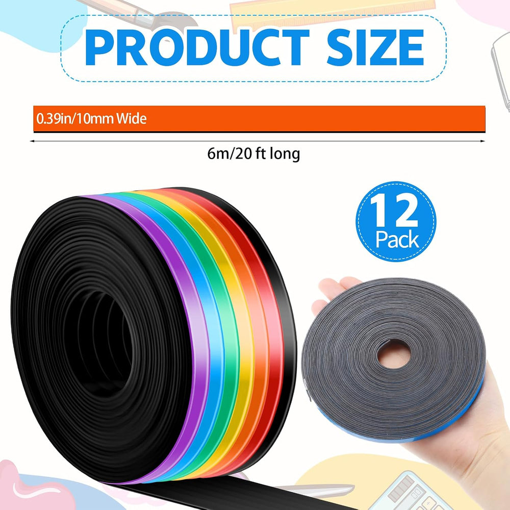 AmazingSpark 12Rolls Thin Magnetic Whiteboard Tape Line, 7 Color, 0.39 Inch