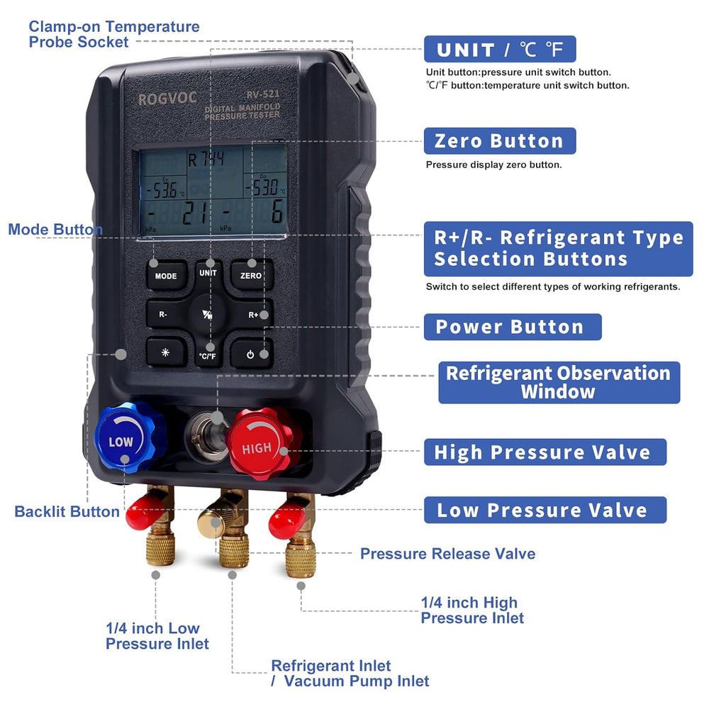 3-Way Digital Manifold Gauge, HVAC Refrigerants AC Gauges Set
