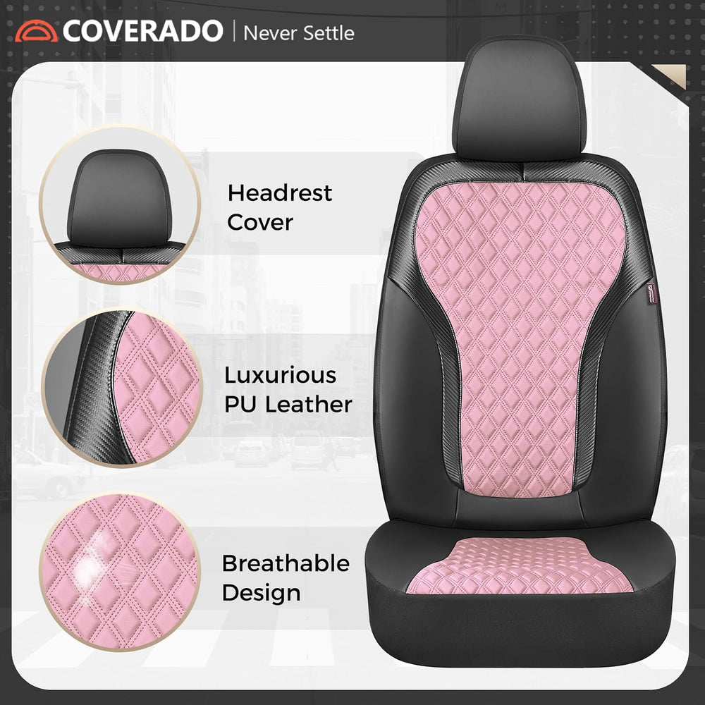 Coverado Car Seat Covers Full Set, Pink Car Seat Covers, Luxury Leather Car S...