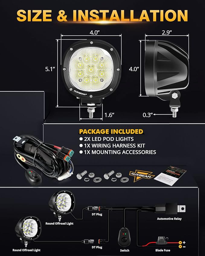 Auxbeam P4 Series Flood Beam LED Pods 4 Inch 90W Round Offroad Fog Lights (2-...