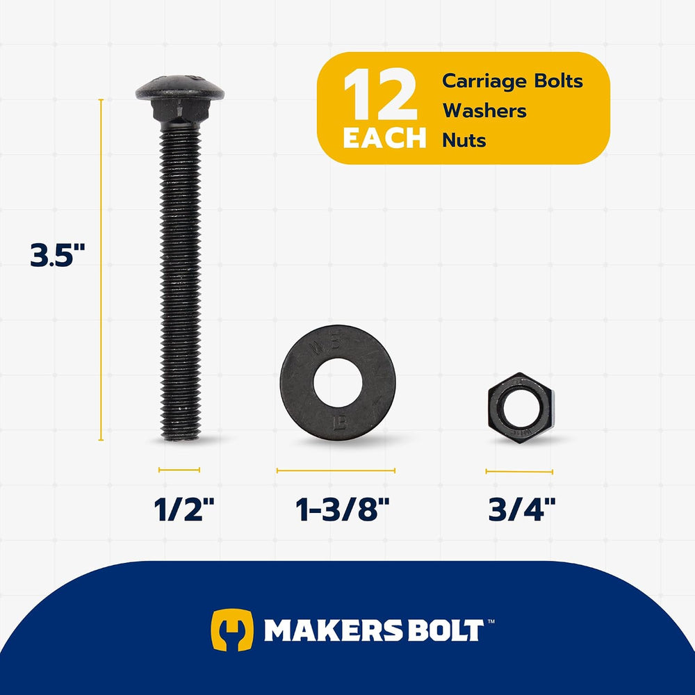 1/2 in. x 3-1/2 in. Black Carriage Bolt Kit Includes 12 Bolts, 12 Washers, an...