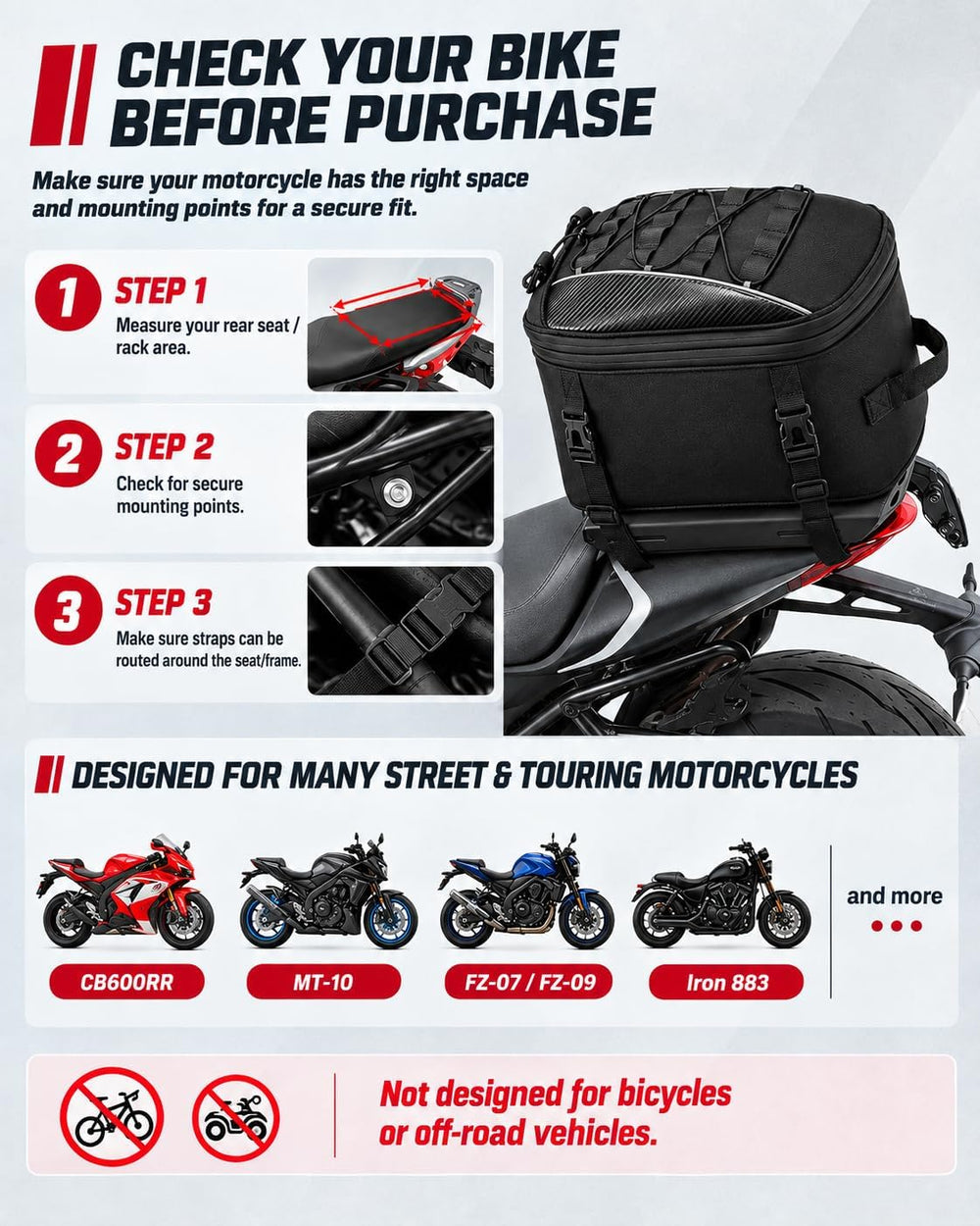RAINSMORE Motorcycle Tail Bag 22-34L Expandable Motorcycle Rear Seat Bag