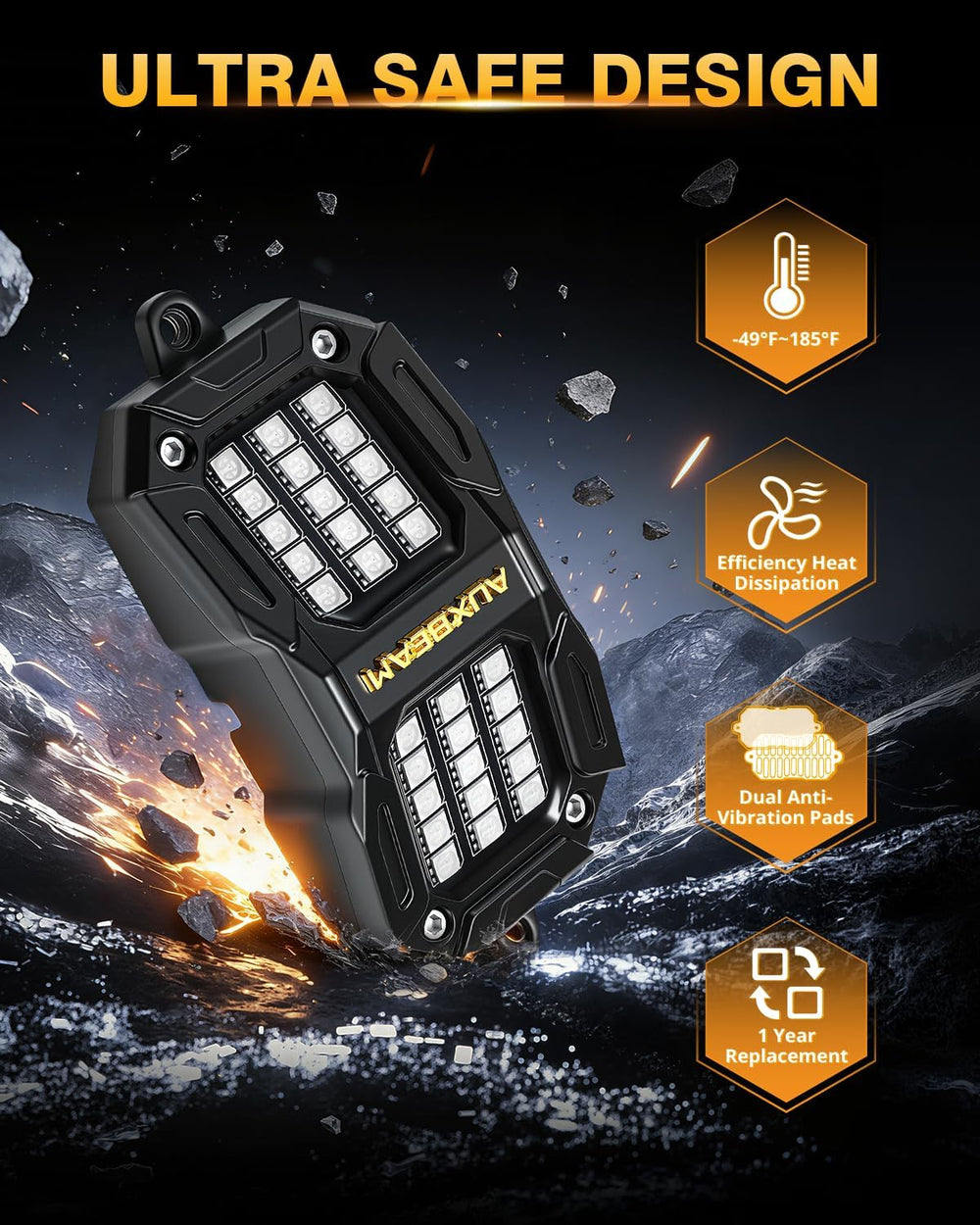 Auxbeam 8-Pod RGB LED Rock Lights w/Brake Mode 217°Dual-Side Lighting Undergl...