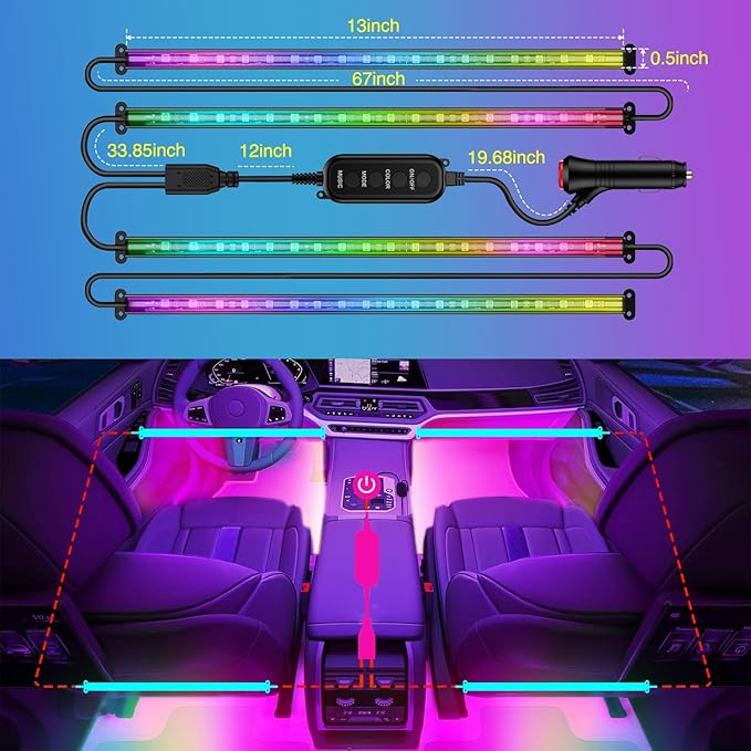 Nilight 4PCS Interior Car Strip Lights Cigarette Lighter Dream Color RGB-IC 12V