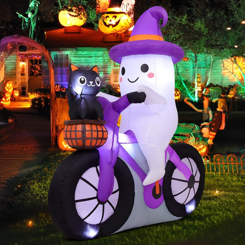 COMIN 5FT Halloween Inflatables Ghost Bike Black Cat Yard Decor with LEDs