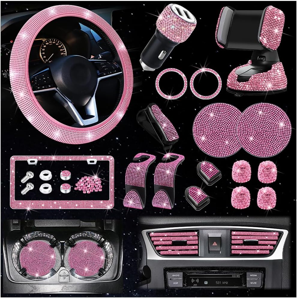 Osilly 27-Piece 15 Inch Rhinestone Car Interior Accessory Set, Pink