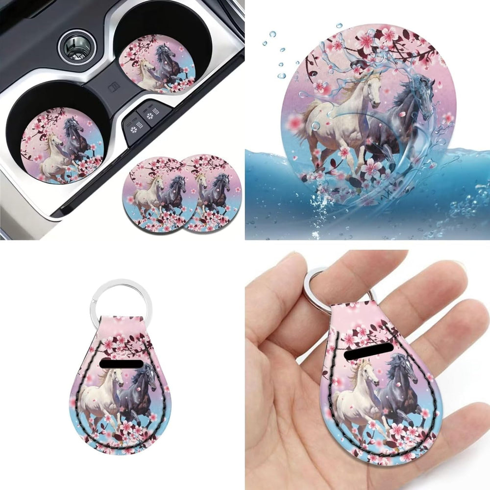 12 Pcs Pink Cherry Blossom Horse Car Seat Covers Full Set,Car Protectors,Univ...