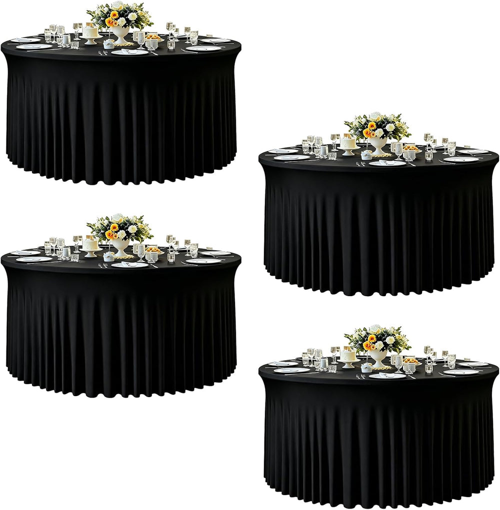 4 Pack 132 Inch Black Round Tablecloth, Fitted Tablecloths for 6FT Round Tabl...
