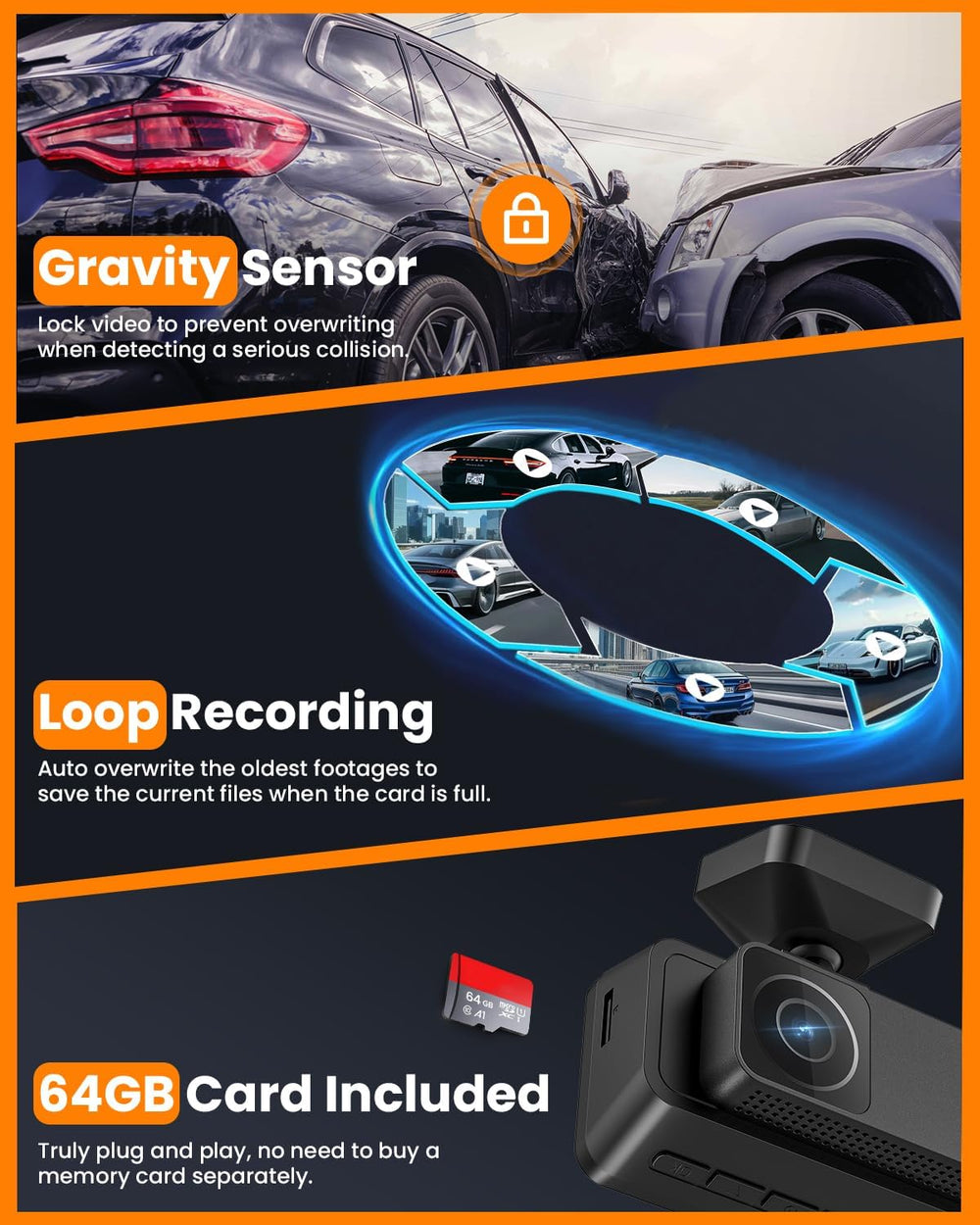 4K 3 Channel Dash Cam, 2160P+1080P+1080P Front and Rear Inside Car Camera wit...