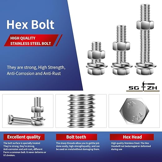 1/2-13 x 1" Hex Head Screw Bolt, Flat & Lock Washers, Fully Threaded...