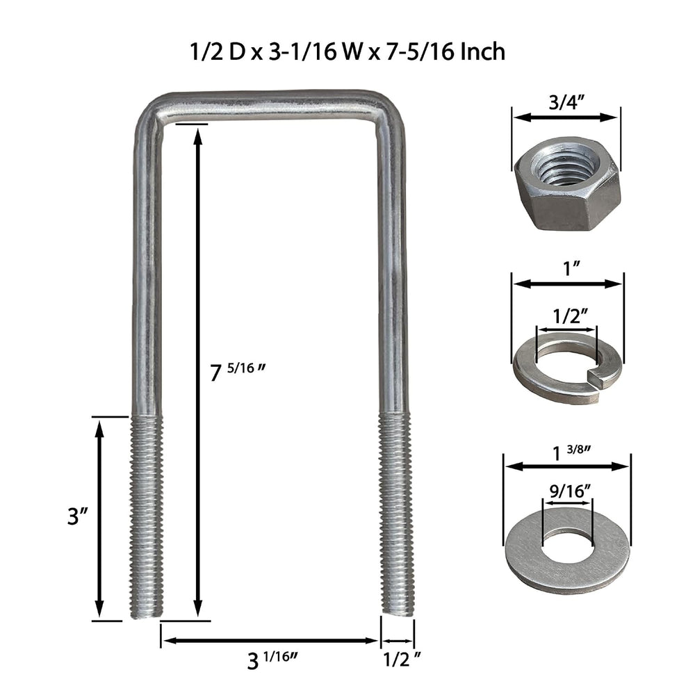 Square U Bolt and Hardware for Boat Trailer, Galvanized Steel, 1/2" Diam...